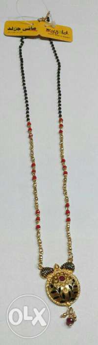 Gold, Red, And Black Pendant Beaded Chain Necklace