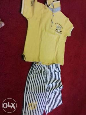 Yellow Polo Shirt,white And Black Stripe Shorts