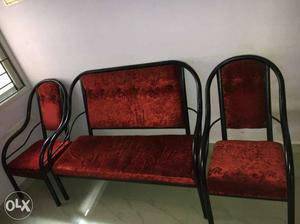 3-piece Red Floral Padded Benches With Black Metal Bases