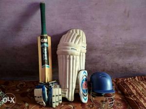 Brown Cricket Bat, Knee Pads And Helmet Set