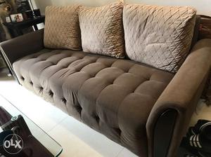 Brown Suede Tufted Three Seater Couch