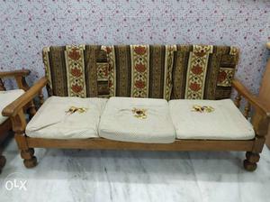 Brown Wooden Framed 3-+1+1seat Padded Sofa