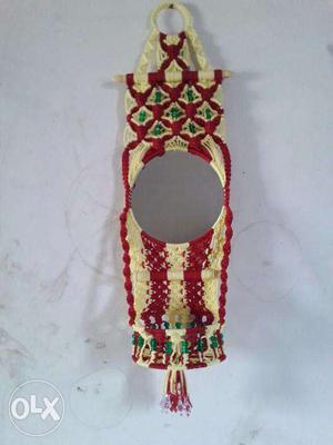 Macrame Mirror With Bucket (New) In Red & Badami