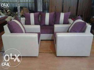 Purple-and-white Fabric Sofa Set With Throw Pillows