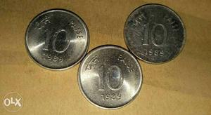 Three Round Silver 10 Paise Coins