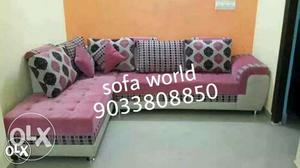 Tufted Pink Linen Sectional Sofa