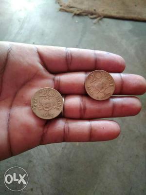 Two Round Silver 20 Indian Paise Coins