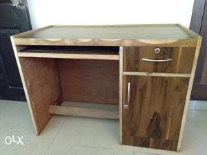 Brown And Beige Wooden Single-pedestal Computer Desk