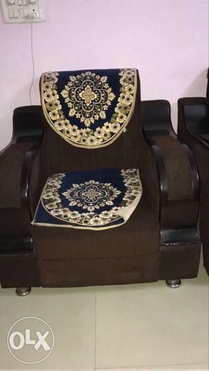 Brown, Blue And White Wooden Armchair