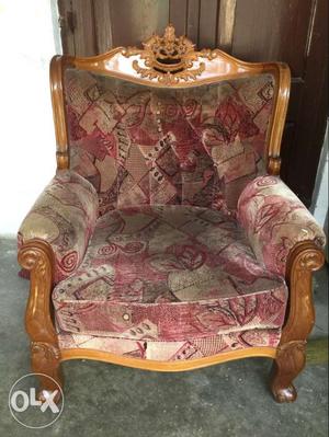 Brown Wooden Frame Red And Gray Padded Armchair