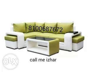 Green And White Sectional Sofa With Table