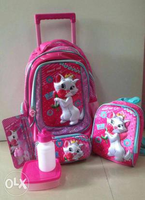 Pink White Cat Print Trolley Bag set