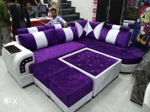 Purple And White Sectional Couch With Ottoman