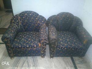 Two Blue-and-brown Floral Suede Sofa Chairs
