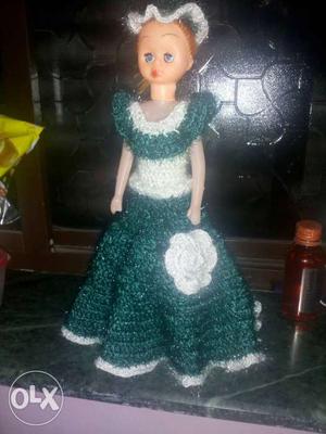 Woman Doll In Green And White Dress