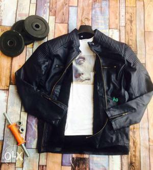 Black Leather Zip-up Jacket, Three Black Weight Plates