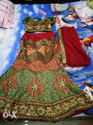 Green, Brown And Red Ghagra Choli