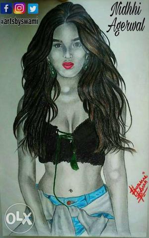 Nidhhi Agerwal Drawing A4 size.(Including frame or free home