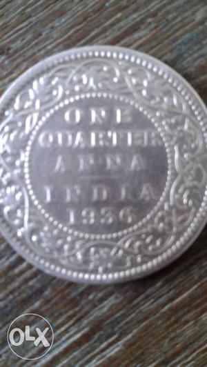 Round Silver One Quarter Anna India  Coin