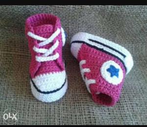 Baby Girl's Pair Of Pink-and-white Knitted High-top Sneakers