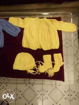 Baby's Yellow Knitted Jacket, Foot Socks, And Beanie Set