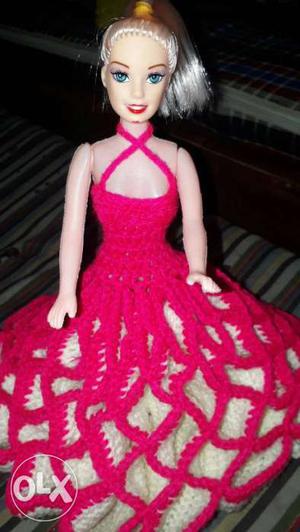 Barbie Doll In Red Knit Crisscross Strap Neck Gown