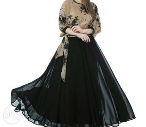 Brown And Black Floral Elbow Sleeve new Gown
