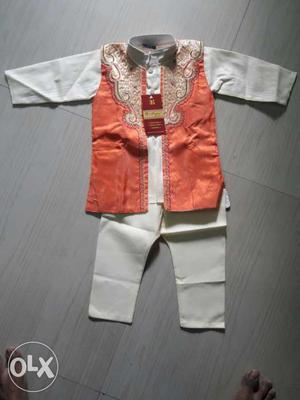Children's Orange And White Sherwani With Pants