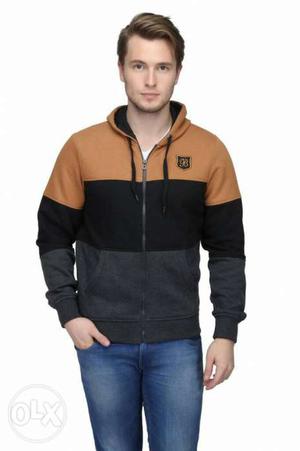 Men's Brown And Black Zip-up Hoodie And Blue Washed Jeans