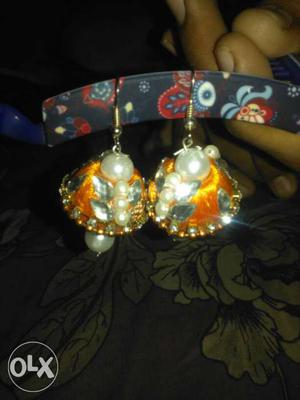 Orange And Silver Jhumka Earrings