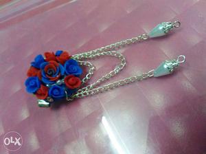 Silver Chained With Blue And Red Flower Pendant Necklace