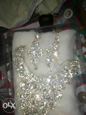 Silver Diamond Bib Necklace With Earrings Set
