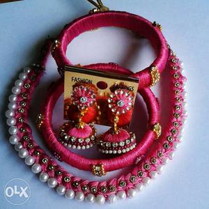 Slik thread pink colour jewellery set