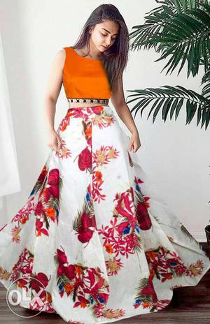 Women's Orange Crop Top With Floral Long Skirt