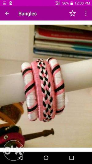 Women's Three Pink White And Black Bangle Bracelts