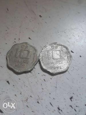 Two Silver Indian 10 Paise Coins