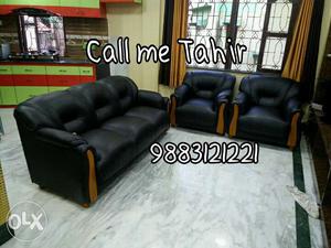Black Leather 3-seat Couch With Armchairs