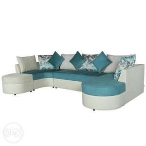 Blue And Grey Fabric U-shape Sofa With Throw Pillows