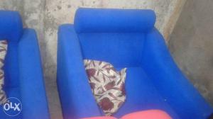 Blue Velvet Padded Sofa Chair With Throw Pillow