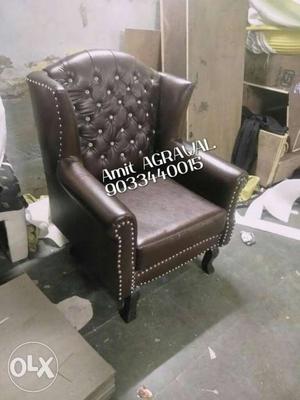 Brown Leather Tufted Padded Wingback Chair