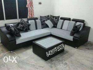 Gray And Black Sectional Couch With Ottoman