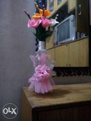 Gray And Pink Flower Vase With Yellow And Pink Artificial