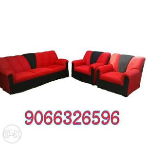 Red And Black Fabric Sofa Set