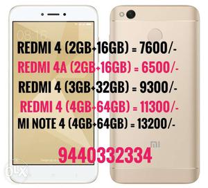 Redmi 4A,/- MI 4,MI Note 4 Sealed Mobiles Available