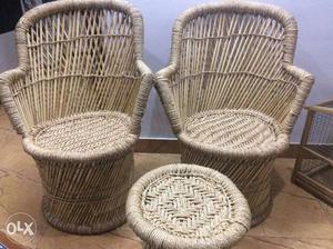 Two Brown Bamboo Armchairs With Ottoman