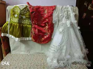 Kids green frock, Chinese red dress, white long frock.