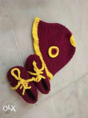 Red And Yellow Knitted Cap And Shoes