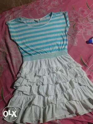 Women's Blue And white Stripe Ruffle Dress