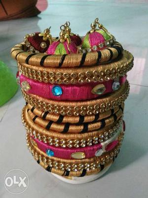 Brown And Pink Thread Bangles