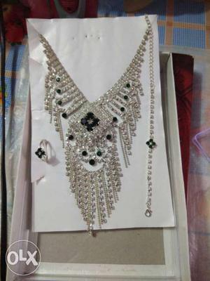 Embellished Diamond Silver Necklace With Ring And Bracelet